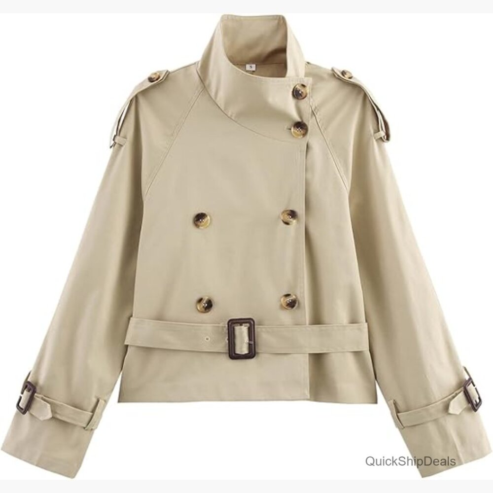 Women's Short Double-Breasted Trench Coat in Light Beige
